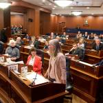 Rep. Andi Story, a Juneau Democrat, talks about her opposition to Bethany Marcum’s nomination to the University of Alaska’s Board of Regents during Tuesday’s joint legislative session. All three Juneau state lawmakers voted against Marcum. (Mark Sabbatini / Juneau Empire)