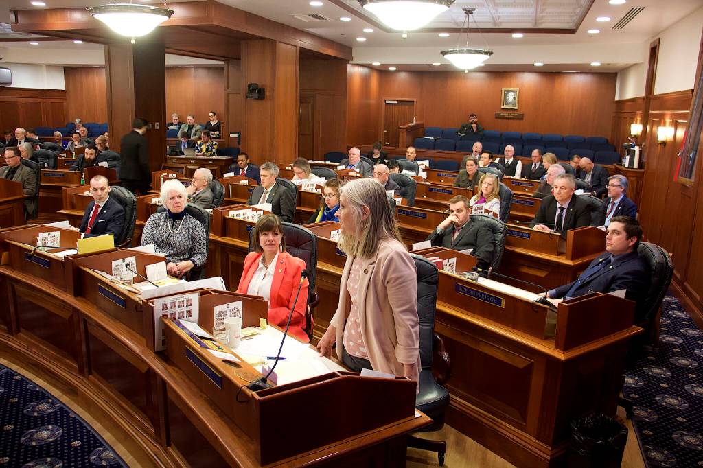Rep. Andi Story, a Juneau Democrat, talks about her opposition to Bethany Marcum’s nomination to the University of Alaska’s Board of Regents during Tuesday’s joint legislative session. All three Juneau state lawmakers voted against Marcum. (Mark Sabbatini / Juneau Empire)