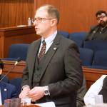 State Sen. Jesse Kiehl, D-Juneau, explains during a joint Legislative session Tuesday why his previous experience working with Bethany Marcum is why he opposes her nomination to the University of Alaskas Board of Regents. (Mark Sabbatini / Juneau Empire)