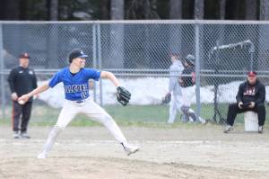 Thunder Mountains Liam Hart (10) pitches against Juneau-Douglas High School: Yadaa.at Kalé on Tuesday night. The Falcons rode timely hitting to a 9-6 victory. (Jonson Kuhn / Juneau Empire)