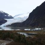 The Mendenhall Glacier, Photo Point and Nugget Falls are seen under cloudy skies Friday morning. The trails and recreation area around these heavily visited destinations are poised to change following the release of a final environmental impact statement. The U.S. Forest Services preferred alternative would nearly double the recreation areas capacity in anticipation of demand over the next 30 years. (Ben Hohenstatt / Juneau Empire)