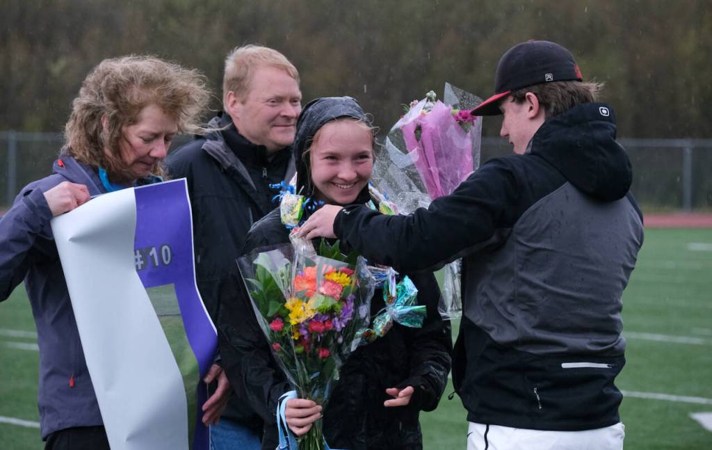 Kaelin Tibbles during the Lady Falcons senior soccer ceremonies on Friday. (Klas Stolpe / Juneau Empire)