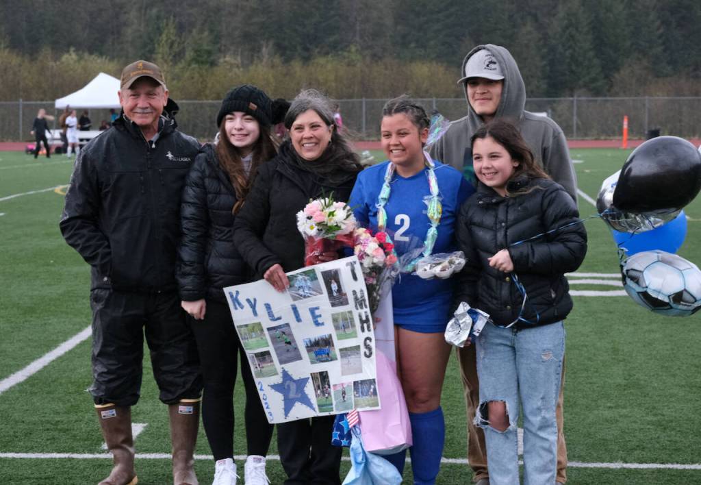 Kylie Morris during the Lady Falcons senior soccer ceremonies on Friday. (Klas Stolpe / Juneau Empire)