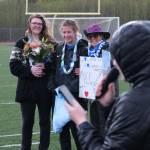 Mackenzie Olver during the Lady Falcons senior soccer ceremonies on Friday. (Klas Stolpe / Juneau Empire)