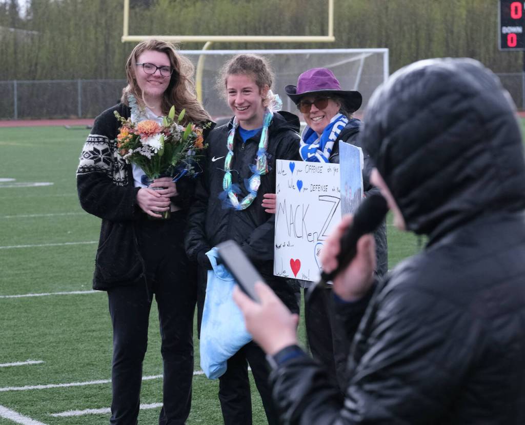 Mackenzie Olver during the Lady Falcons senior soccer ceremonies on Friday. (Klas Stolpe / Juneau Empire)
