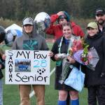 Samantha Mead during the Lady Falcons senior soccer ceremonies on Friday. (Klas Stolpe / Juneau Empire)