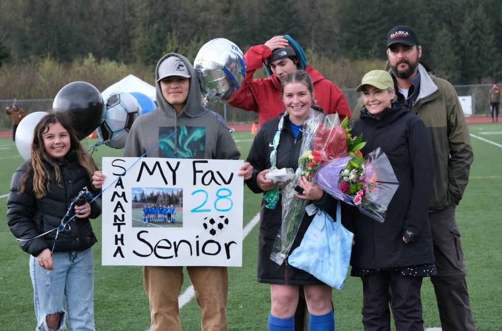 Samantha Mead during the Lady Falcons senior soccer ceremonies on Friday. (Klas Stolpe / Juneau Empire)