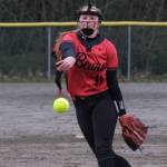 Juneau-Douglas High School: Yadaa.at Kalé senior Mariah Schauwecker (11) pitches during the Crimson Bears 10-9 win over the Sitka Lady Wolves, Friday, at Melvin Park. (Klas Stolpe / Juneau Empire)