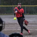 Juneau-Douglas High School: Yadaa.at Kalé senior Mariah Schauwecker (11) pitches during the Crimson Bears 10-9 win over the Sitka Lady Wolves, Friday, at Melvin Park. (Klas Stolpe / Juneau Empire)