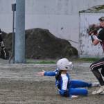 Thunder Mountain freshman Alayna Echiverri forced out at second base as Ketchikan sophomore Mylee Grey attempts to turn a double play during the Lady Falcons 14-11 loss to the Lady Kings on Friday at Dimond Park field. (Klas Stolpe / Juneau Empire)