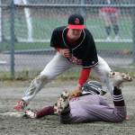 JDHS third baseman Reed Meier tags out Ketchikan runner Bubba Williams during Saturday baseball action at Adair Kennedy Field. (Klas Stolpe / Juneau Empire)