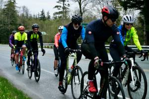 Entrants start the 20-mile Tee Harbor Road Race from the Lynn Canal Fire Station on Saturday. (Klas Stolpe / Juneau Empire)