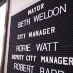 A sign hangs outside of outgoing City Manager Rorie Watts office located in the City Hall downtown. On Monday the Assembly City Manager Recruitment Committee met for the first time to discuss the recruitment process to hire Watts replacement by the end of September. (Clarise Larson / Juneau Empire)
