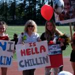 JDHS German exchange student Leni Schilling and host family during the Crimson Bears girls soccer senior recognition at the Adair-Kennedy pitch Tuesday. (Klas Stolpe / Juneau Empire)