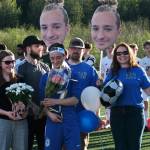 Thunder Mountain senior Stig Cunningham with family during the Falcons boys soccer senior recognition Tuesday at Falcons Field. (Klas Stolpe / Juneau Empire)