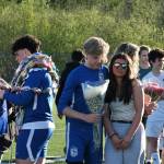 Thunder Mountain seniors MJ Tupou and Matt Spratt during the Falcons boys soccer senior recognition Tuesday at Falcons Field. (Klas Stolpe / Juneau Empire)