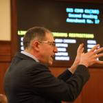 State Sen. Jesse Kiehl, D-Juneau, speaks in opposition Tuesday to a bill prohibiting state and municipal officials from closing firearms businesses during declared emergencies if other essential businesses remain open. The Senate voted 17-3 to pass the bill, which sets the stage for it to pass the full Legislature before the session adjourns Wednesday as part of a package agreement on various bills. (Clarise Larson / Juneau Empire)