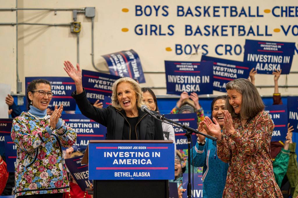 First lady Jill Biden addresses a crowd at Bethel Regional High School in Bethel, Alaska on Wednesday, May 17, 2023. Biden and Interior Secretary Deb Haaland traveled to Bethel to highlight the Biden-Harris administrations investments to expand broadband internet connectivity in Native American communities, including Alaskas Yukon-Kuskokwim Delta. From left, Rep. Mary Peltola, D-Alaska, Biden, Haaland, first lady of Alaska Rose Dunleavy, and Bethel Native Corporation CEO Ana Hoffman applaud. (Loren Holmes/Anchorage Daily News via AP)