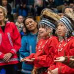 U.S. first lady Jill Biden, left, and first lady of Alaska Rose Dunleavy watch a performance by Ayaprun Elitnaurvik students during an event at Bethel Regional High School in Bethel, Alaska on Wednesday, May 17, 2023. Ayaprun Elitnaurvik is a Yugtun immersion school in Bethel. Biden and Interior Secretary Deb Haaland traveled to Bethel to highlight the Biden-Harris administrations investments to expand broadband internet connectivity in Native American communities, including Alaskas Yukon-Kuskokwim Delta. (Loren Holmes/Anchorage Daily News via AP)