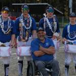 Thunder Mountain coach Joe Tompkins poses with Falcons seniors TJ Womack, Rory Hayes, Nic Daniels and Carson Cummins during TMHS baseball senior night Wednesday at Adair-Kennedy Field. (Klas Stolpe / Juneau Empire)