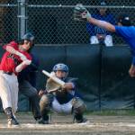 Juneau-Douglas High School: Yadaa.at Kalé Crimson Bears batter Bodhi Nelson connects on a pitch from Thunder Mountain Falcons pitcher Rory Hayes as catcher JJ McCormick looks on Wednesday at Adair-Kennedy Field. (Klas Stolpe / Juneau Empire)