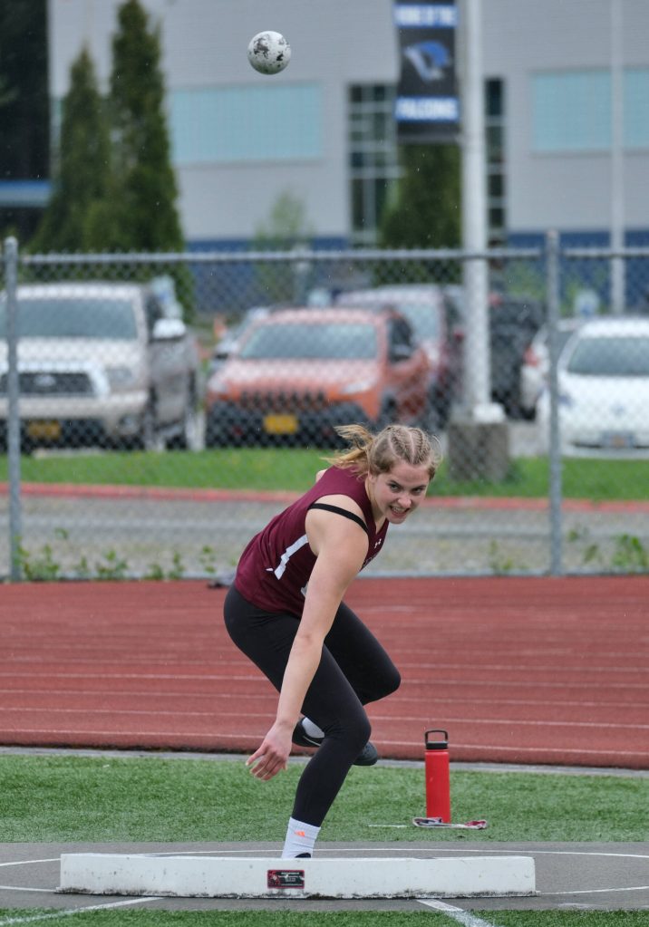 Ketchikan junior Julia Biagi throws the girls DI shot put during the Region V Track & Field Championships, Friday, at Thunder Mountain. The championships resume Saturday. (Klas Stolpe / Juneau Empire)
