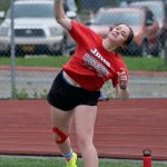 JDHS sophomore Ayla Keller wins the DI shot put during the Region V Track & Field Championships, Friday, at Thunder Mountain. The championships resume Saturday. (Klas Stolpe / Juneau Empire)