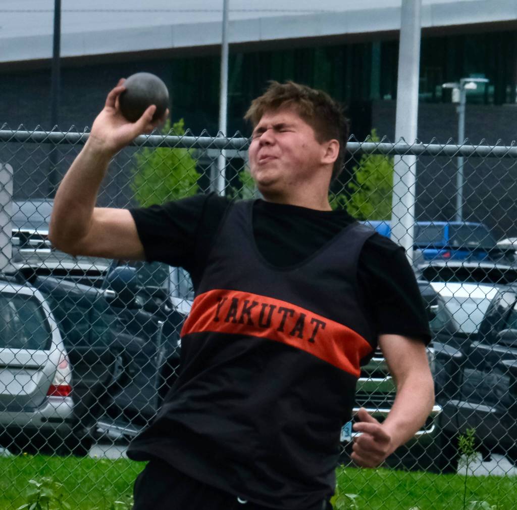 Yakutat sophomore Petersen Dylan wins the DI boys shot put during the Region V Track & Field Championships, Friday, at Thunder Mountain. The championships resume Saturday. (Klas Stolpe / Juneau Empire)