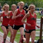 Juneau-Douglas High School: Yadaa.at Kalé junior Etta Eller leads sophomore Ida Meyer, junior Rayna Tuckwood and sophomore Pacific Ricke during the Division I girls 1600 meters at the Region V Track & Field Championships, Saturday at Thunder Mountain High School. (Klas Stolpe / Juneau Empire)