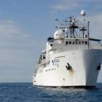 NOAA Ship Okeanos Explorer at sea during the 2022 Caribbean Mapping expedition. The ship will be in Alaska waters for much of this year. (Anna Sagatov / NOAA)