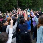 Sayéik: Gastineau Community School students defeat physical education teacher Dirk Miller in Rock, Paper, Scissors during their Field Day on Thursday. Miller is retiring after 24 years at the school. (Klas Stolpe / Juneau Empire)