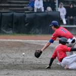 Juneau-Douglas High School: Yadaa.at Kalé base runner Finn Kesey steals second base as Sitkas Brett Ross awaits the throw and base umpire Keith Perkins watches the action during the Wolves 9-2 win over the Crimson Bears during the Region V Baseball Tournament, Friday, at Adair Kennedy Field. (Klas Stolpe / Juneau Empire)