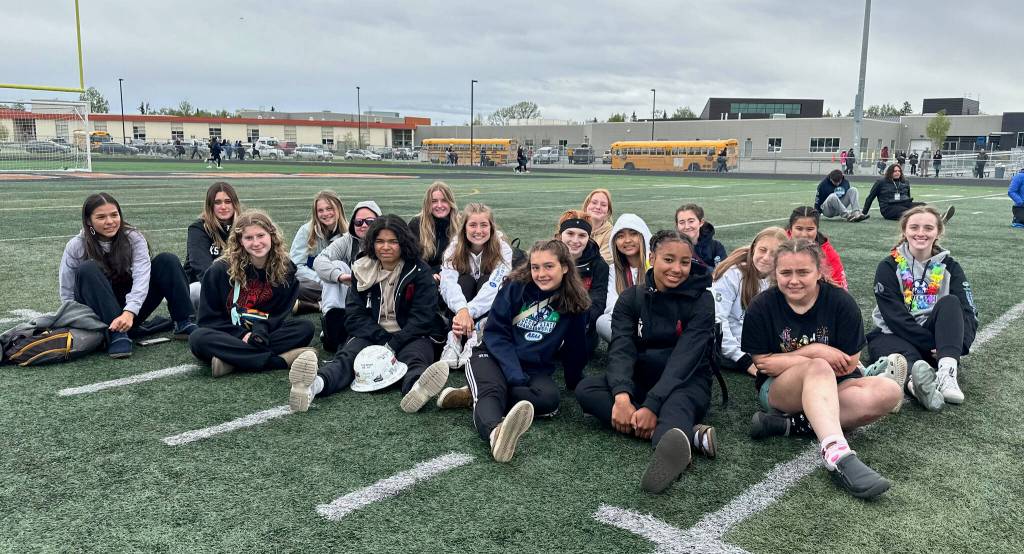 The Juneau-Douglas High School: Yadaa.at Kalé Crimson Bears girls soccer team pose after their loss to North Pole in the ASAA DII Girls Soccer State Championships, Saturday, at West Anchorage High School (Courtesy Photo / JDHS soccer)