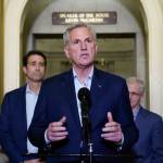 House Speaker Kevin McCarthy of Calif., speaks during a news conference after President Joe Biden and McCarthy reached an agreement in principle to resolve the looming debt crisis on Saturday, May 27, 2023, on Capitol Hill in Washington. Rep. Patrick McHenry, R-N.C., a key Republican in the debt limit negotiations and chairman of the House Financial Services Committee, back right, and Rep. Garret Graves, R-La., McCarthys top mediator in the debt limit talks, left, look on. (AP Photo / Patrick Semansky)