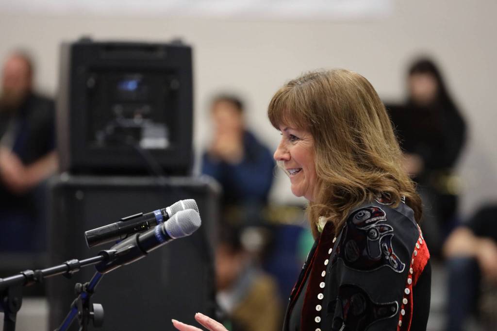 Juneau School District Superintendent Bridget Weiss gives a welcoming speech to the hundreds of parents, family and friends gathered to celebrate the 136 graduates who walked across the stage to receive their diplomas as a part of the graduating class of 2023. (Clarise Larson / Juneau Empire)