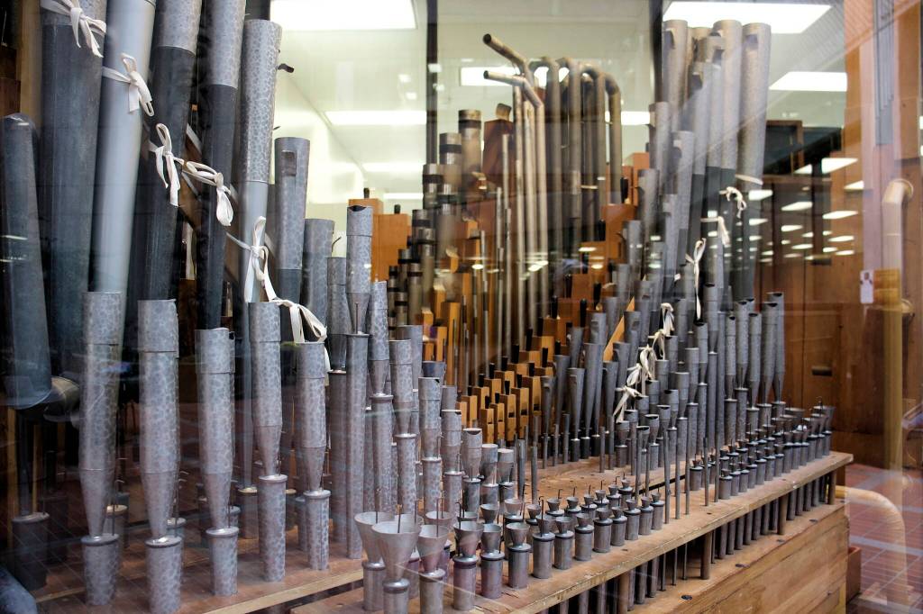 The 1928 Kimball Theatre Pipe Organ in the State Office Building has 548 pipes ranging from pencil-size to eight feet in length. (Mark Sabbatini / Juneau Empire)