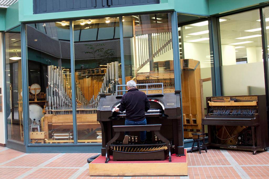 Photos by Mark Sabbatini / Juneau Empire
A 1928 Kimball Theatre Pipe Organ in the atrium of the State Office Building is played by Christopher Nordwall on Tuesday as he and Michael Ruppert work on restoring it to a condition suitable for public performances. The two tuners were only able to work on the organ during hours when the building was officially closed.