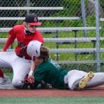 JDHS senior third baseman Kaleb Campbell tags out Colony freshman Kaesen Buzby on a steal attempt during the Crimson Bears 9-1 loss to the Knights on Thursday in the opening round of the ASAA Division I State Baseball Championships at Sitkas Moller Field. (Klas Stolpe / Juneau Empire)