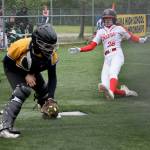 JDHS freshman Gwen Nizich slides into home plate against Kodiak during the Crimson Bears 9-1 win over the Bears on Thursday in the ASAA Division II State Softball Tournament at Anchorages Cartee Fields. (Photo Courtesy JDHS Softball)