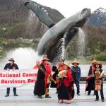 The Yées Ḵu.Oo Dancers perform at the end of the Celebration of Life Walk on Sunday at Bill Overstreet Park. The walk, hosted locally by Cancer Connection for more than two decades, occurs on National Cancer Survivors Day. This years local celebration featured the first bagpiper, Alaska Native dance group and Native land acknowledgement. (Mark Sabbatini / Juneau Empire)