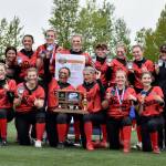 The JDHS Crimson Bears pose with their championship trophy after defeating the Sitka Wolves 6-5 on Saturday for the ASAA Division II State Softball Championship at Anchorages Cartee Fields. (Courtesy Photo /JDHS Softball)