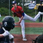 Sitka Wolves sophomore pitcher Bryce Calhoun delivers against the Eagle River Wolves during Sitkas 6-3 loss Saturday in the 4th/6th place game of the ASAA Division I State Baseball Championships on Sitkas Moller Field. (Klas Stolpe / Juneau Empire)