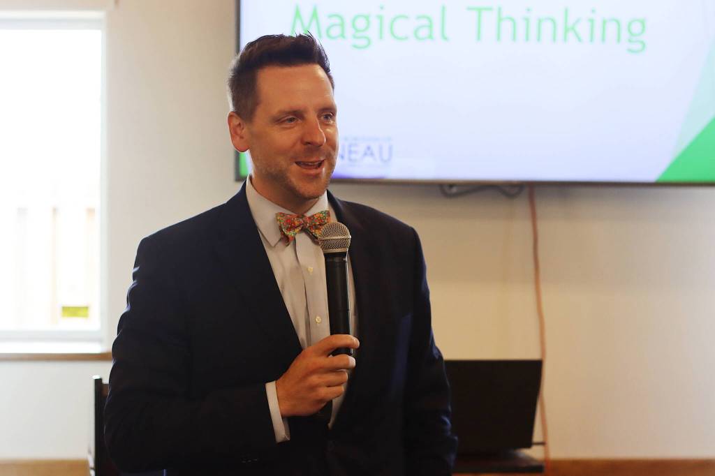 Jeff Rogers, who is departing as the City and Borough of Juneaus finance director, delivers a farewell speech to the Juneau Chamber of Commerce on Thursday focusing on the concept of magical thinking…(where) the public will always demand more services than theyre willing to pay for. (Mark Sabbatini / Juneau Empire)