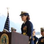 Rear Adm. Megan M. Dean gives a speech after she sworn in on Friday as the new command of U.S. Coast Guard District 17 following a change-of-command ceremony at the Alaska Army National Guard Aviation Operating Facility in Juneau. (Clarise Larson / Juneau Empire)