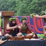 A cultural ceremony by Indigenous visitors from Hawaii is performed during the welcoming of the Hōkūlea at Auke Bay on Saturday afternoon. (Mark Sabbatini / Juneau Empire)