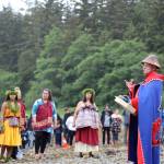 Clarise Larson / Juneau Empire
Fran Houston, cultural Leader of the Aakw Kwáan, speaks to the crew members of the <strong>Moananuiākea</strong> voyage from the<strong> </strong><strong>Hōkūlea</strong> after they arrived on the shore of Auke Bay on Saturday afternoon for a welcoming ceremony.