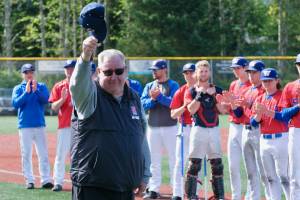 Klas Stolpe / for the Juneau Empire
Bob Barger tips his cap after being honored Saturday, June 3, at the 2023 Alaska School Activities Association Baseball State Championships on Sitkas Moller Field for his lifetime of sports broadcasting in Alaska.