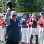 Bob Barger tips his cap after being honored Saturday, June 3, at the 2023 Alaska School Activities Association Baseball State Championships on Sitkas Moller Field for his lifetime of sports broadcasting in Alaska. (Klas Stolpe for the Juneau Empire)