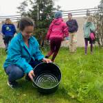 Weaver and textile artist Lily Hope shows a group of students how to forage for horsetails Saturday near the Alaska State Museum in Juneau. They boiled the plants to make a natural dye. (Photo by Claire Stremple/Alaska Beacon)