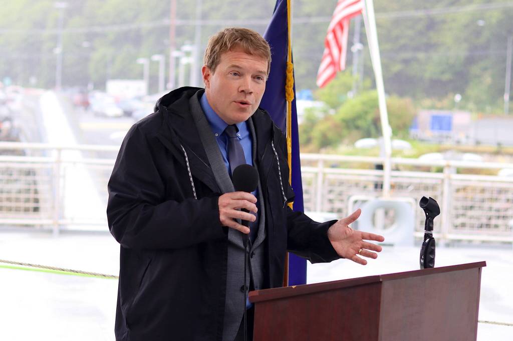 Ryan Anderson, commissioner of the Alaska Department of Transportation and Public Facilities, explains how the Hubbard ferry will fit into the Alaska Marine Highway Systems sailing plan during a christening ceremony Monday at the Alaska Marine Highway terminal in Juneau. (Mark Sabbatini / Juneau Empire)